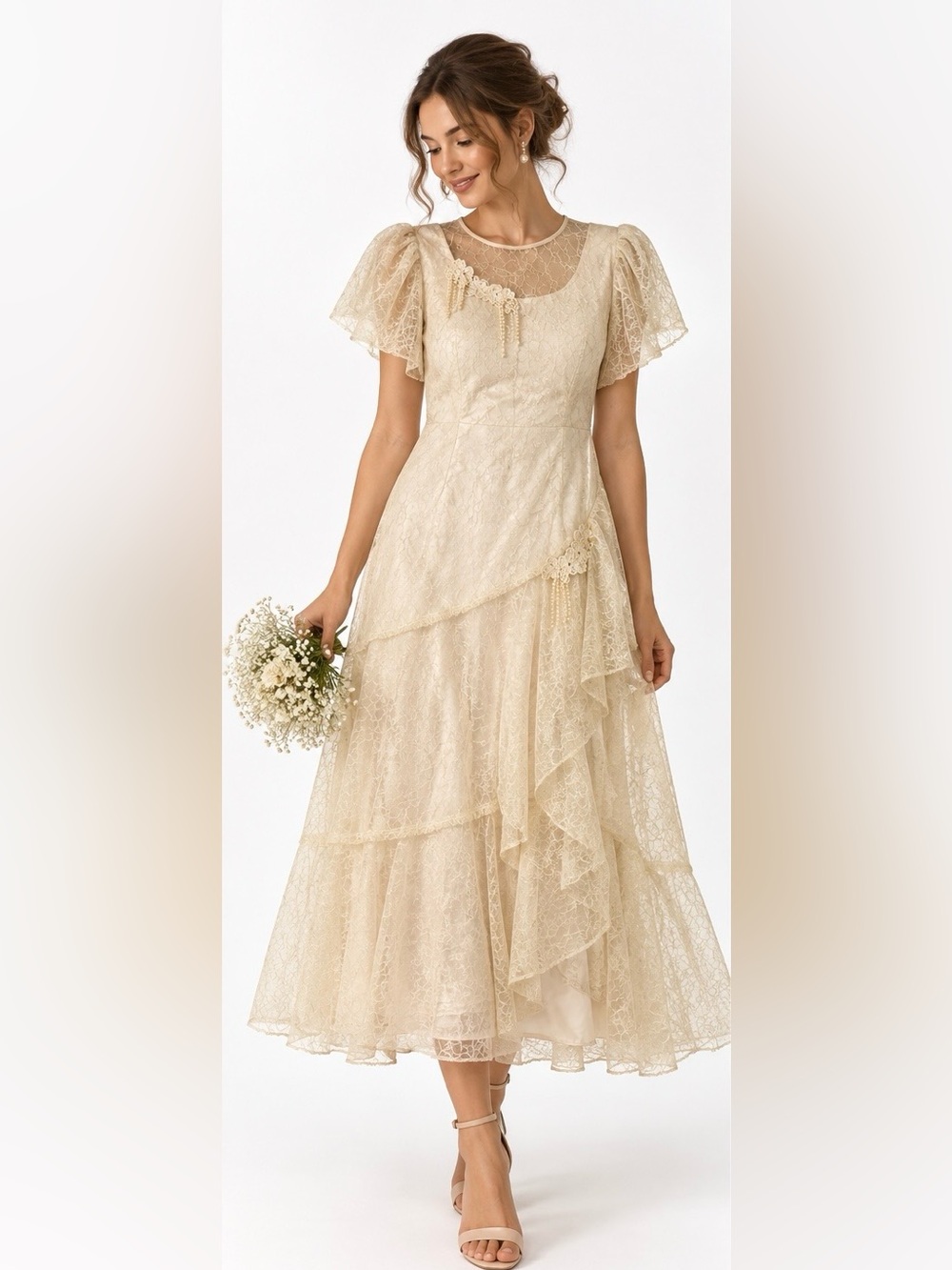 Vintage 1970s JCPenney Ivory Lace Long Sleeve Dress Made in USA 7/8